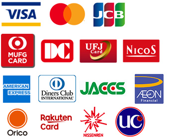 VISA、MASTER、JCB、DC、UFJニコス、アメリカンエキスプレス、ダイナース、ジャックス、イオン、オリコ、楽天、日専連、UC